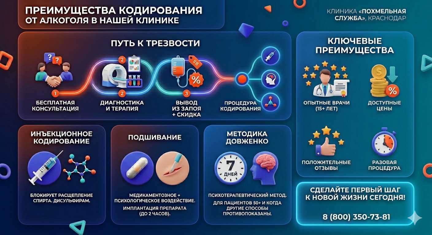 Инфографика о методах кодирования от алкоголя в Фряново: инъекции, подшивание, метод Довженко. Преимущества клиники и этапы лечения.